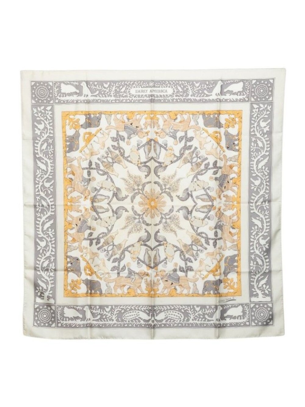 Hermes Carre 90 Early America Scarf Gray Multicolor Silk